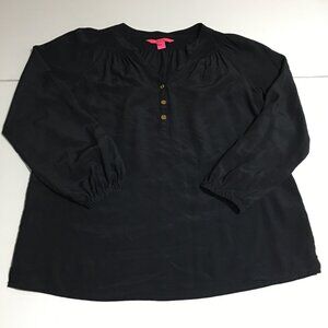 LILLY PULITZER Womens XS Black Long Sleeve Blouse Top V-Neck Silk
